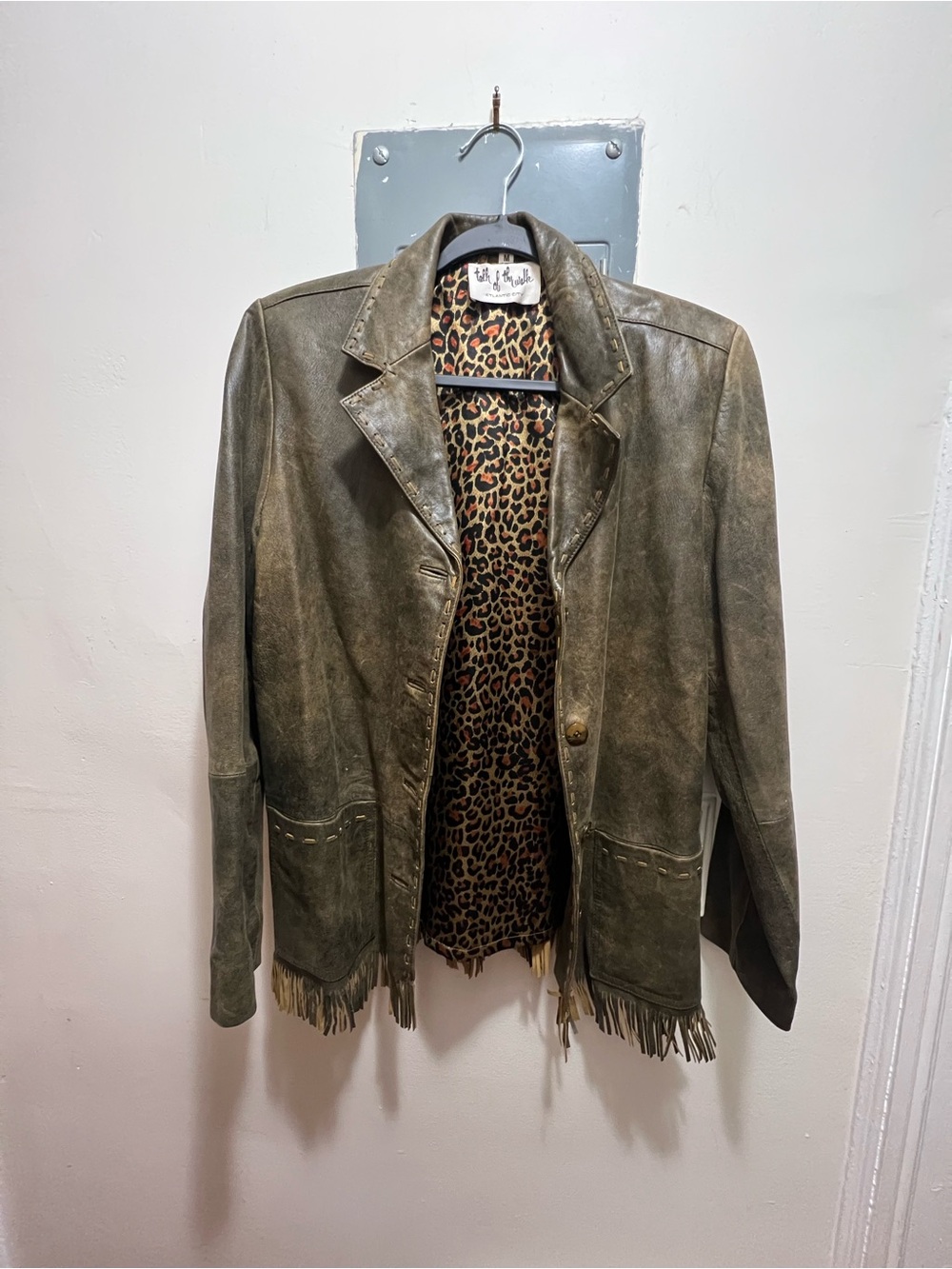 Talk of the Walk Olive Green Leather Jacket with Leopard Lining